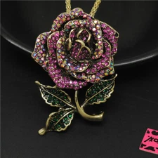 Fashion Lady Rose Bling Lovely Rose Flower Crystal Pendant Women Necklace