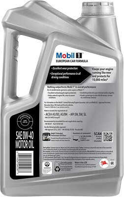 Mobil 1 European Car Formula Engine Oil 0W-40 5QT 4.73L FREE