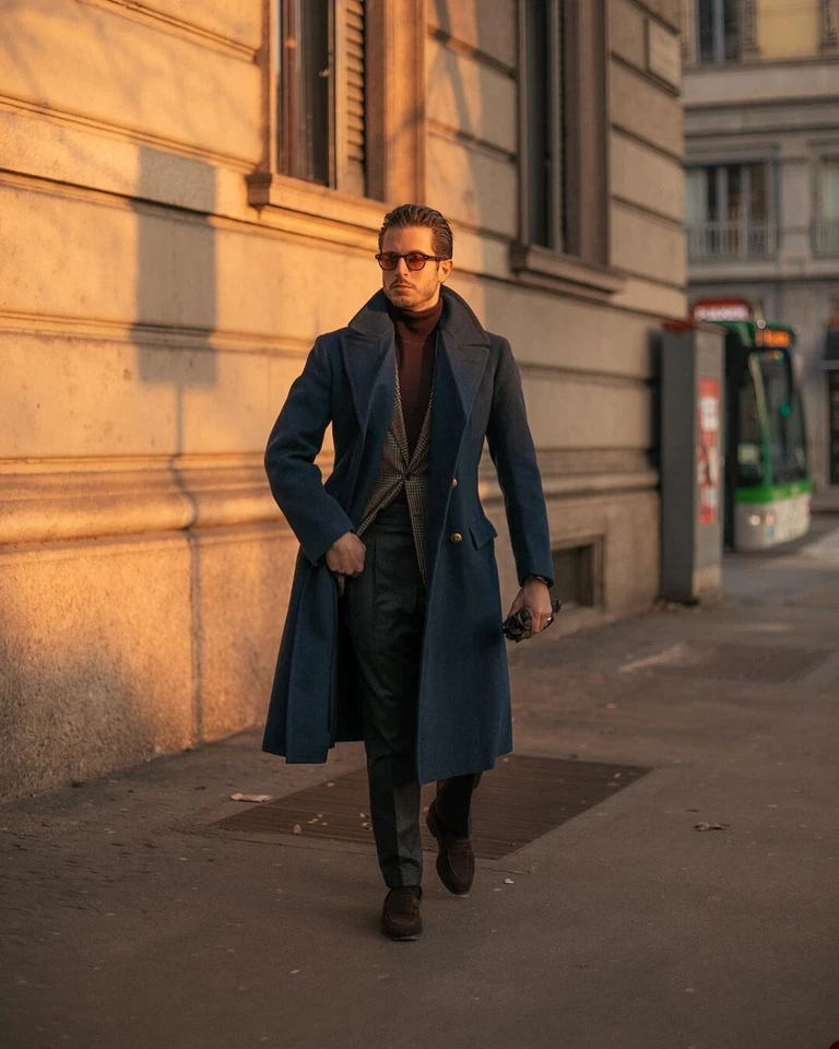 Men Long Overcoat Tweed Navy Blue Wool Blend Coat Winter Business Outwear Custom - Image 4 of 4