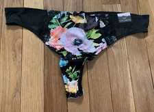 Plus Size 14/16 Lane Bryant Cacique Thong Panty Black Sheer Mesh Lace Flowers