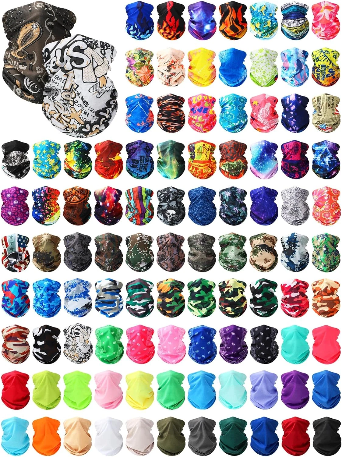 100 Pcs Neck Gaiters for Men & Women - UV Face Mask & Scarf, 100 Styles
