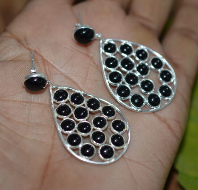 Large Black Onyx Earrings 925 Sterling Silver Women's Earrings Partywear Jewelry