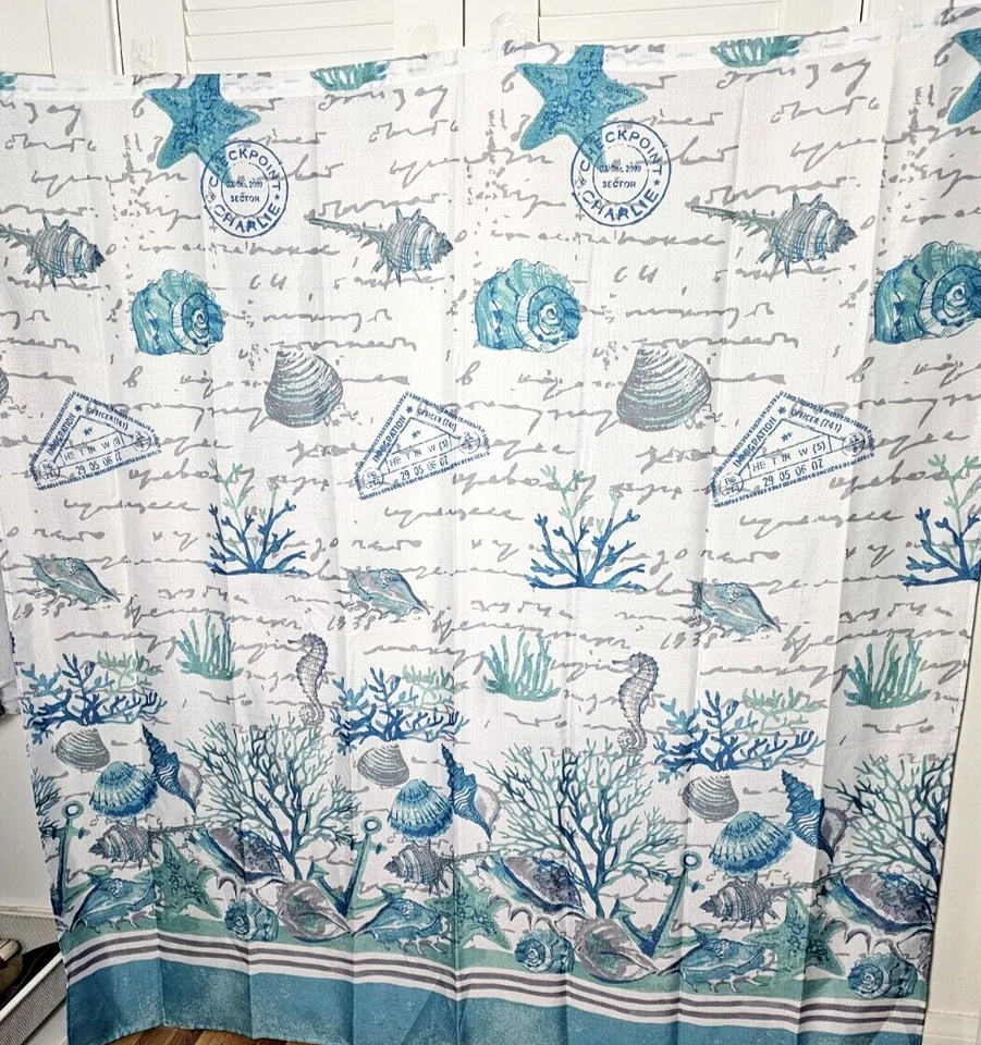 Caribbean Joe Seaside Starfish Sea Shell Fabric Shower Curtain Teal White 73x70" - Image 2 of 4