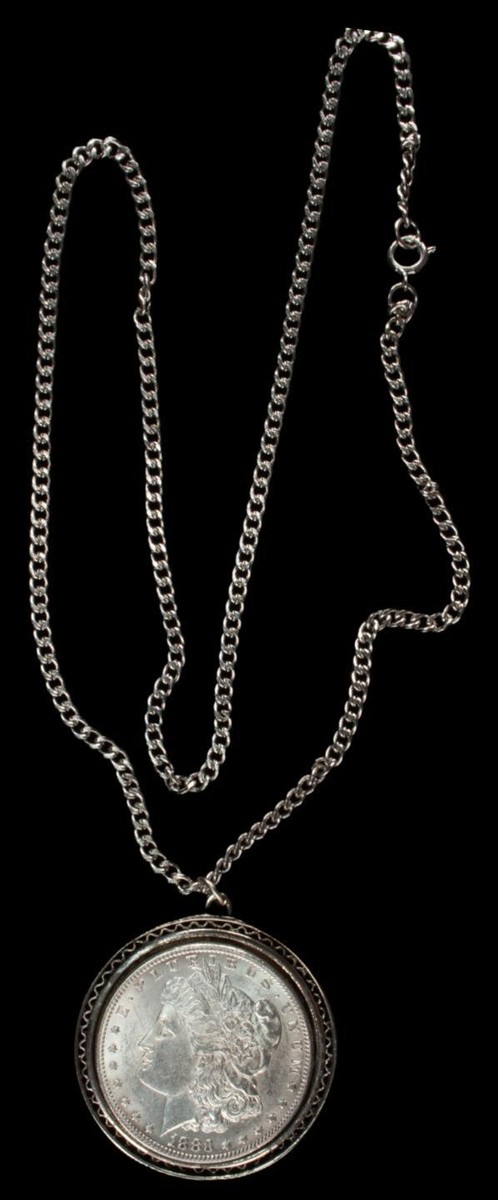 1883 Morgan Silver Dollar Necklace Silver Tone Weave Bezel & 24