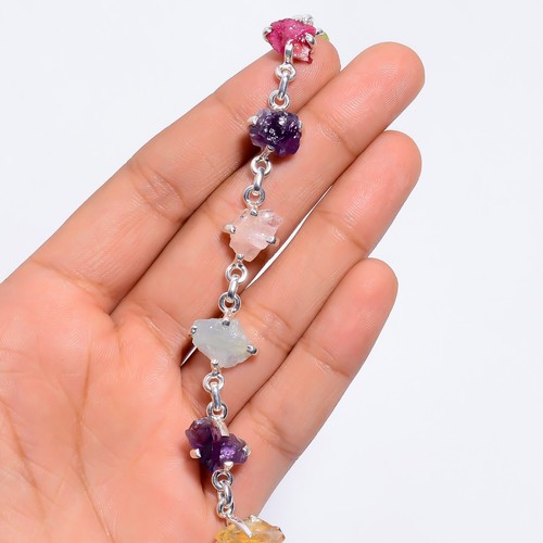 Natural Amethyst ~ Rose Quartz Rough Gemstone 925 Sterling Silver Women Bracelet - Picture 2 of 10