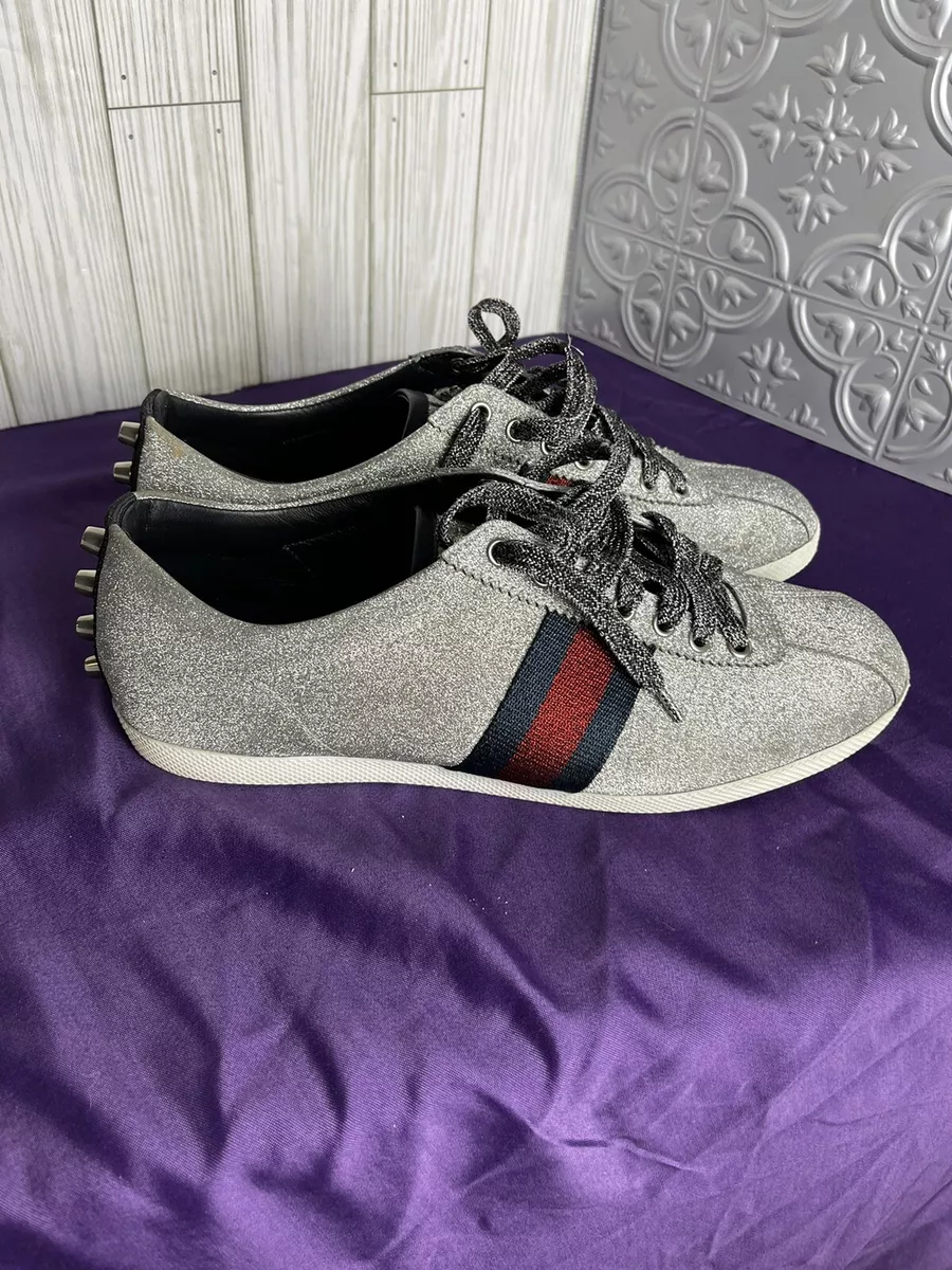 Gucci Silver Glitter Red/Green Striped Studded Sneakers Size 9/9.5 Gucci Silver Glitter Red/Green Striped Studded Sneakers Size 9/9.5