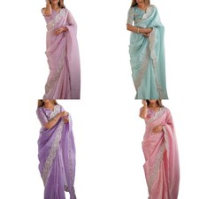 Women's Tissue Silk Sequence Embroidery Border Saree with Unstitched Blouse Pice