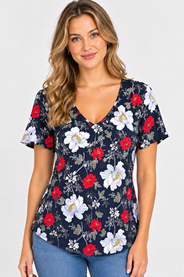 LOFT Women s S Floral V-Neck Short Sleeve Pullover Navy/Red/White Polyester