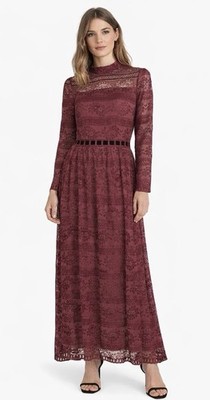 Silvian Heach High Neck Long Sleeve Burgandy Unconventional Lace Maxi Dress Sz M