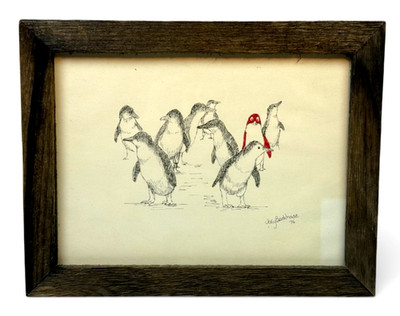 Joey Barkhouse Penguin Lithograph Signed 1976 Framed Folk Art Print