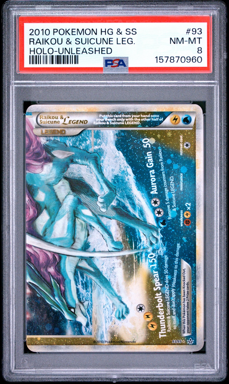 2010 POKEMON HEARTGOLD & SOULSILVER UNLEASHED RAIKOU & SUICUNE LEGEND-HOLO PSA 8
