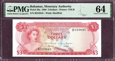 BAHAMAS 3 DOLLARS Banknote 1968  Zustand I UNC FDS  S/N B233845 P.28a PMG 64