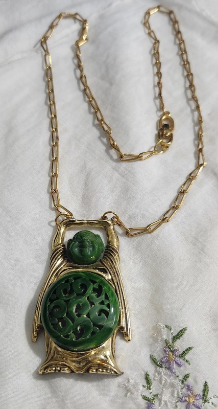 60'S HAPPY BUDDAH LUCITE/ DK GREEN PENDANT "HMS" 26" CHAIN HANGING 13"