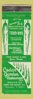 Matchbook Cover - Cedar Garden Restaurant Hamilton Square NJ WEAR