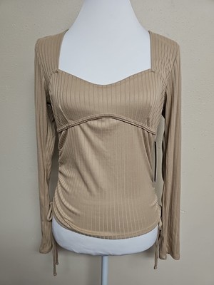 NWT MOA MOA Women's Juniors Blouse Long Sleeve Scoop Neck Beige Stretch.Size L