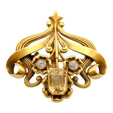 ANTIQUE ART NOUVEAU DESIGNER DIAMOND CITRINE FLOWER PENDANT 14K YELLOW GOLD 