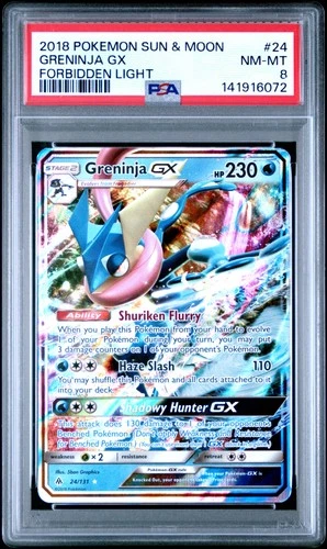 2018 POKEMON SUN & MOON FORBIDDEN LIGHT #24 GRENINJA GX PSA 8
