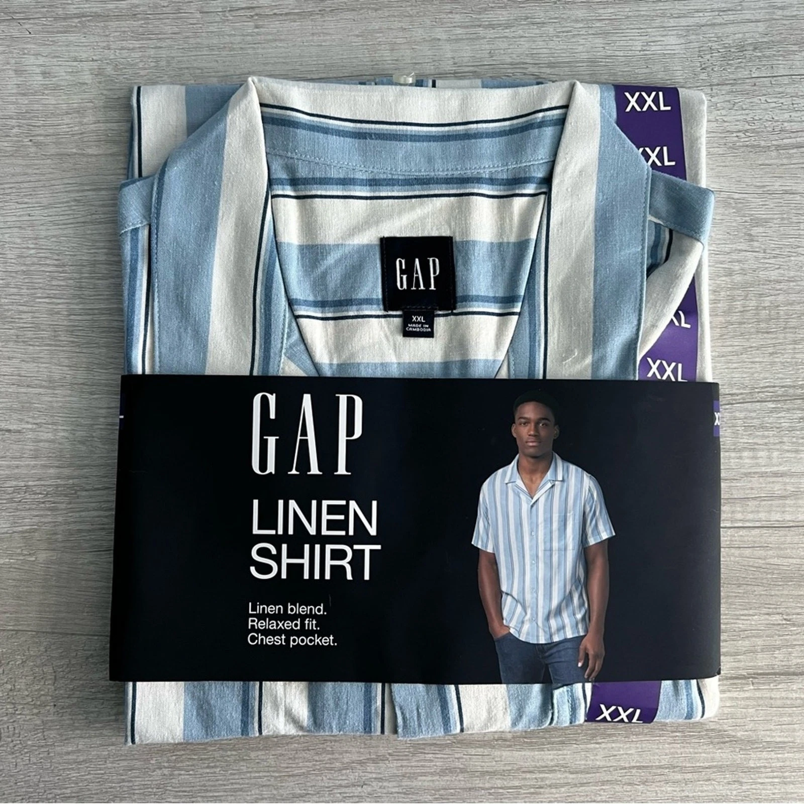 Gap Men's Short Sleeve Button-Up Linen Shirt Striped Blue & White Size XXL