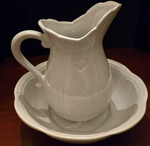 Vtg McCoy Pottery Emboss Design White Pitcher with Handle 9.5" & Bowl 11" # 7529