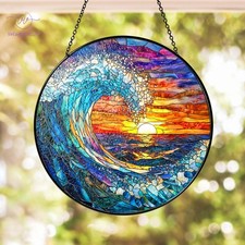 Sea Waves Stained Glass Suncatcher, Sunset On The Beach Window Hanging, Ocean