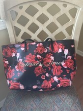 Victoria’s Secret Red Rose Floral Large Tote Bag Black Gold Logo 21” Shopper