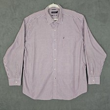 Nautica Shirt Mens 2XL Red Stripe Long Sleeve Button Up Cotton Twill Casual