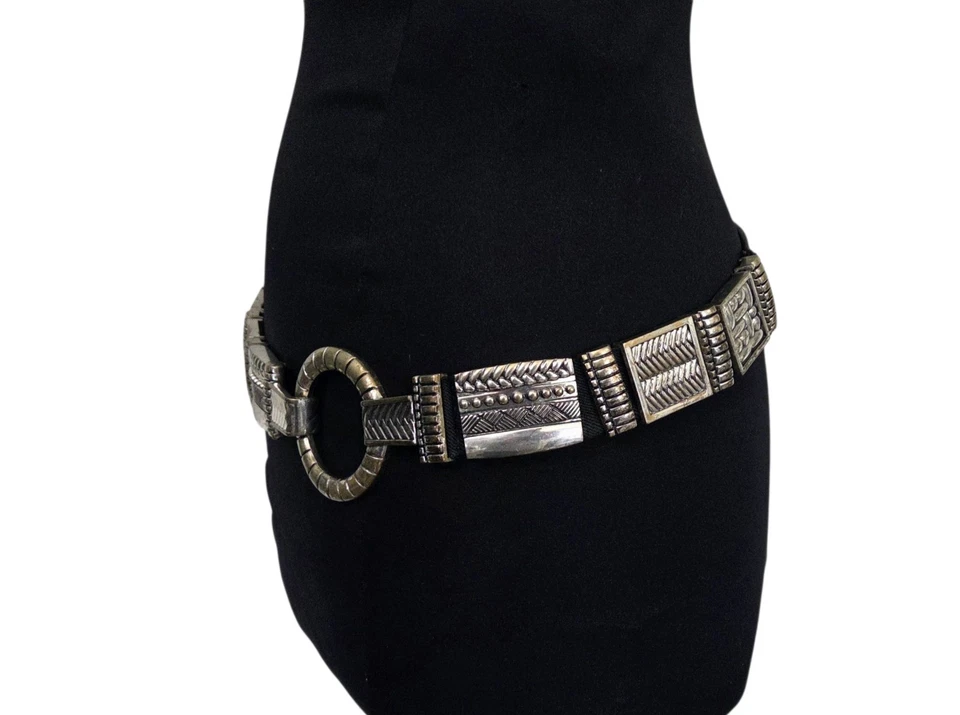 Cinturón Chico’s Cuero Negro Elástico Plata Metal Vintage Talla L Texturizado Años 90 Foto 2 de 4