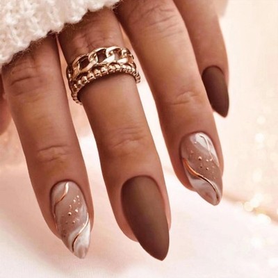 24pcs Almond Press On Nails Glossy Brown Marble Design Acrylic Nail Set