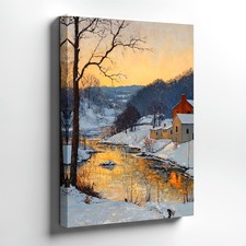 Wall Art Winter River Landscape Print Snowy Village Sunset Cabin Painting Decor
