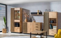 Wohnwand Anbauwand Lamia 4Tlg Highboard Vitrine Wotan Eiche Schwarz