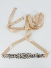 Bridal Tie Belt Sash Champagne Ribbon Crystal Rhinestone Embellishments Costume
