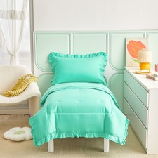Teal Blue Toddler Bedding Set 4 Pieces Fringe Solid Color Comforter Fitted Sheet