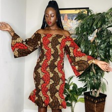 One Size African Print Women Red Brown Stretchy Shirred Off The Shoulder Dress
