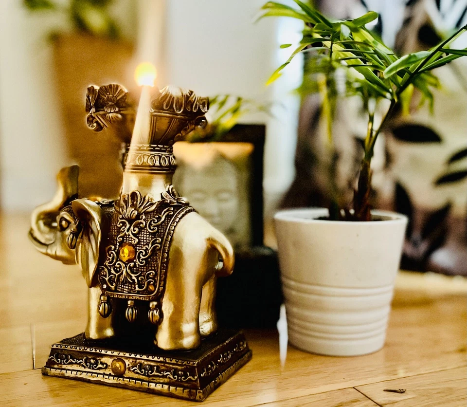 Indian Elephant Candle Holder, Beautiful Ornament Statue Resin Decor Gold - Image 3 of 4