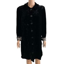 Lily Coat Womens Large Black Crushed Velvet Velour Button Front Silk Blend