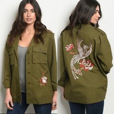 Lunik Khaki Embroidered Utility Jacket Wm Small Long Sleeve Pockets Button Up