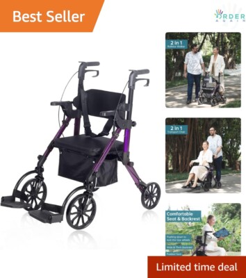 2-in-1 Rollator Walker Transport Chair Folding Wheelchair Mobility Aid