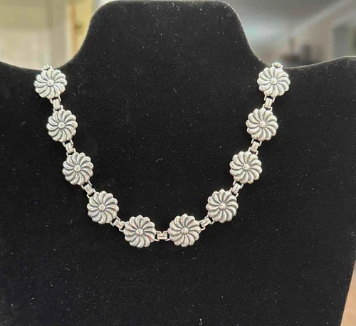 Vtg. Stamped Sterling Silver Floral Design 16 Panel Link Necklace  14-1/2" 24.7g