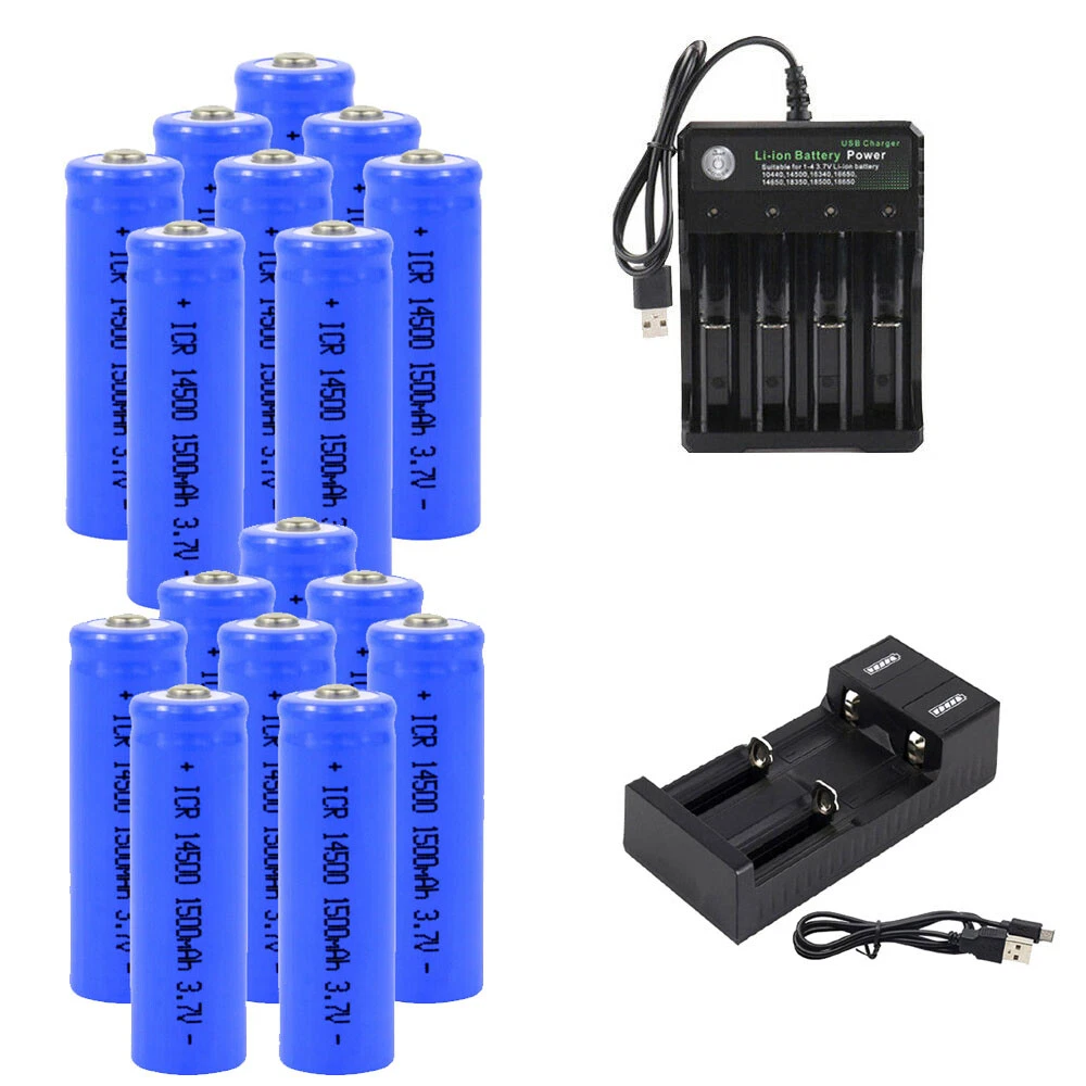 14500 Battery 3.7V Li-ion 1500mAh Rechargeable 14500 Batteries + Smart  Charger