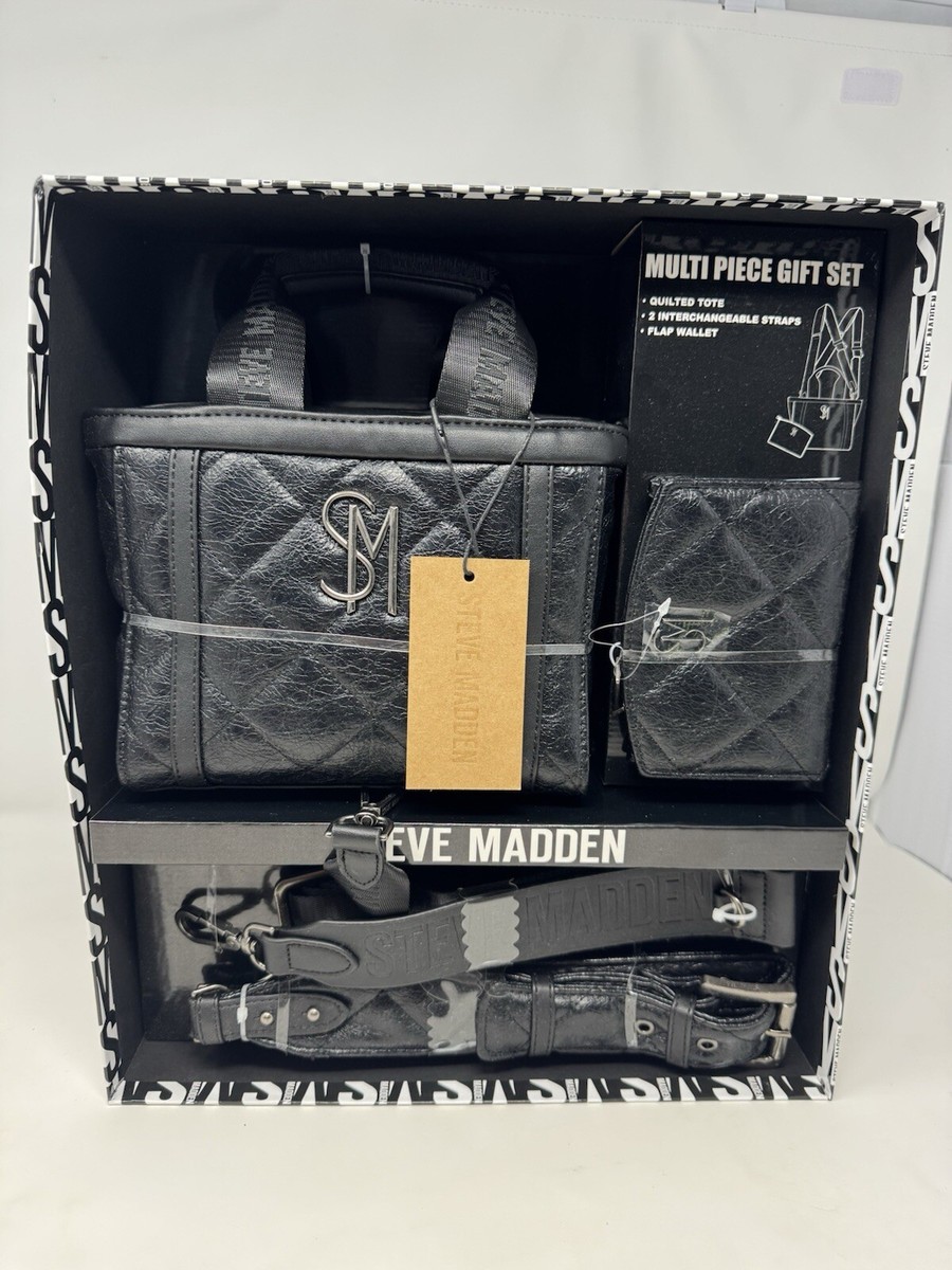 steve madden multi piece gift set black quilted tote flap 