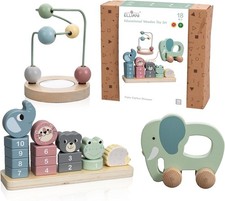 Montessori Toys for 1 Year Old - 3-in-1 Wooden Toy Set with Stacking Toy, Pull T