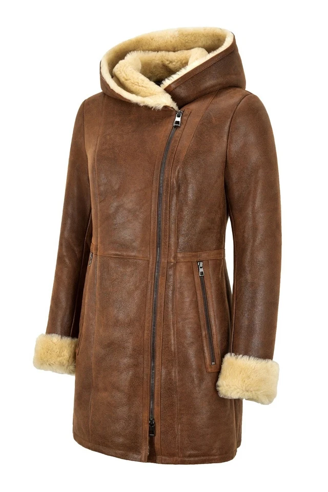 Cappotto donna montone shearling rame ruggine pelliccia sintetica con cappuccio B3 giacca lunga NV-39 - Immagine 3 di 4