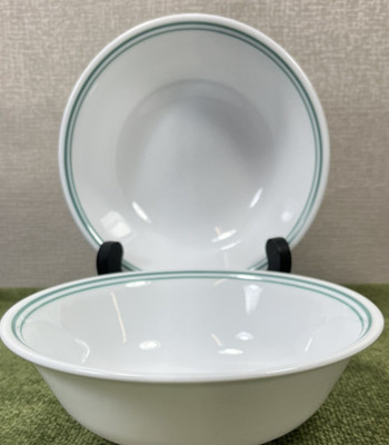 EUC Corelle ROSEMARIE Set of 2 Soup/Cereal Bowls White w/ Green Stripes