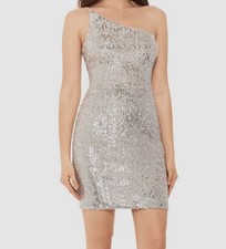 Xscape Women Beige Silver Sleeveless One Shoulder Sequined Mini Dress Size 6