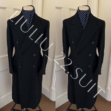 Black Cashmere Men Overcoat Peak Lapel Double Breasted Casual Long Jacket Coats