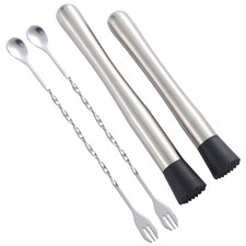 4-Piece Stainless Steel Muddler Set, 8 & 10 Inch, 2 Bar Spoons Silver