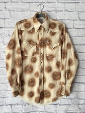 H Bar C Rachwear Pearl Snap Brown Tan Floral Vtg Western Shirt USA 14.5/33