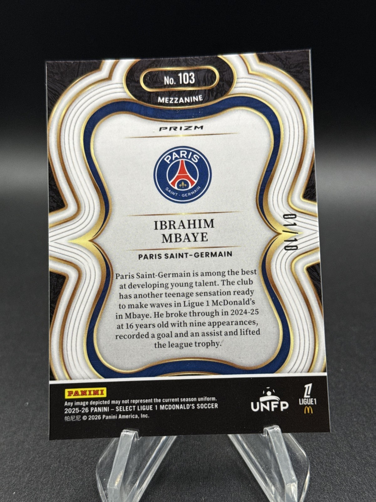 2025-26 Panini Select Ligue 1 Ibrahim Mbaye Gold Prizm /10 #103 RC view 2