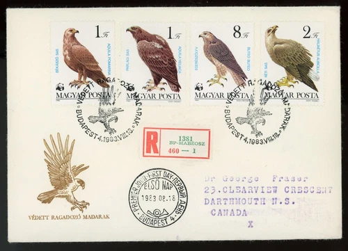 HUNGARY 1983 REGISTERED FDC TO DARMOUTH CANADA, PROTECTED BIRDS OF PREY !! LO90