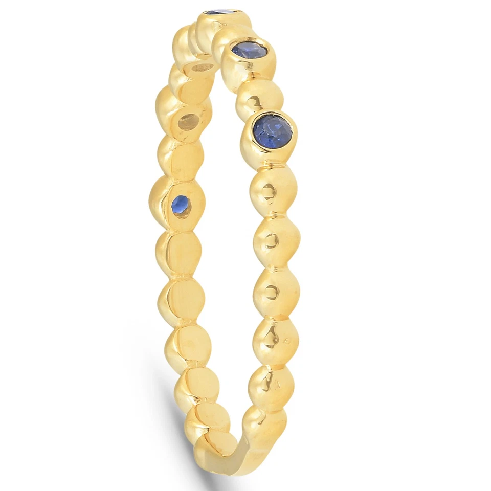 Anillo de oro amarillo de 14k zafiro azul banda apilable con cuentas de 1/8ct para mujer Foto 3 de 4